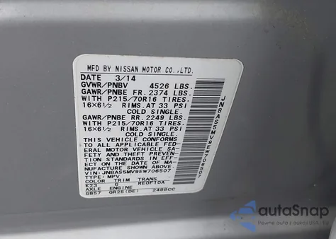 2014 Nissan Rogue Select S z USA, uszkodzony, nr VIN JN8AS5MV9EW706507